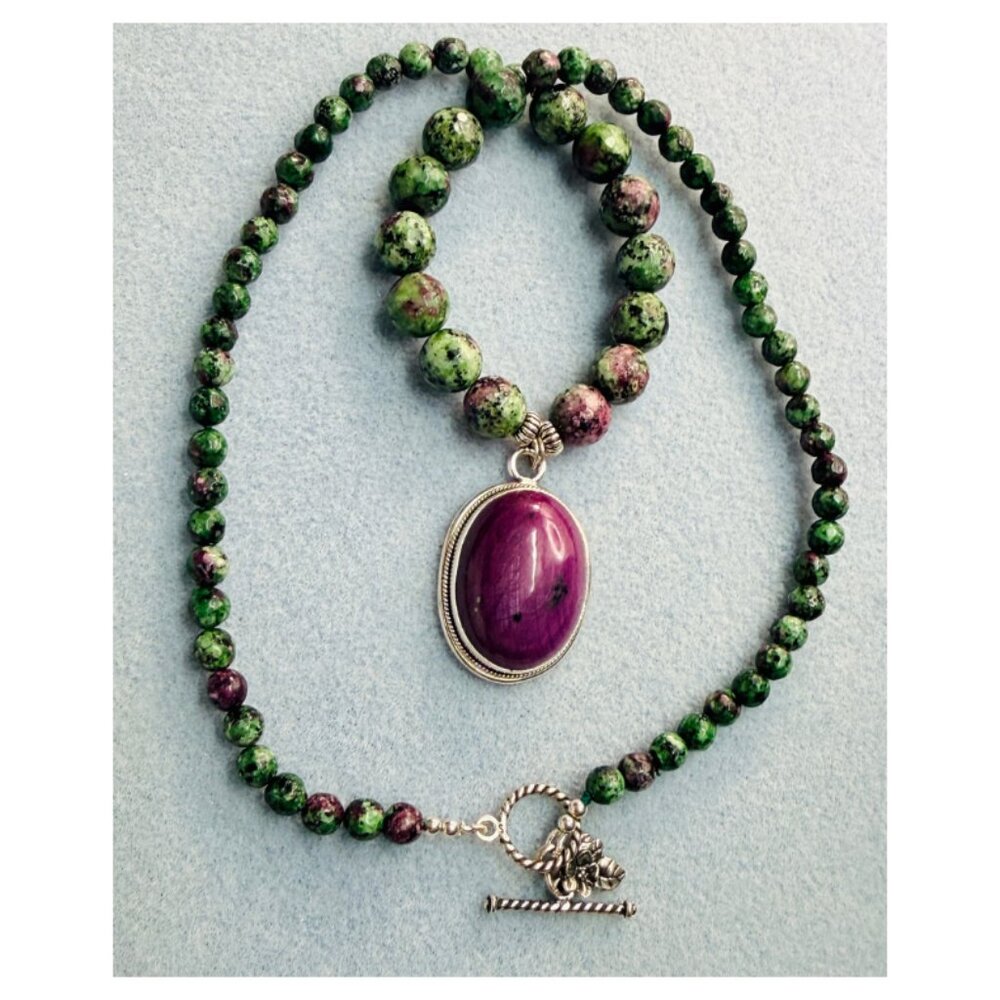 Ruby Zoisite Pendant Necklace 21" Sterling 925 Faceted Beads Handcrafted